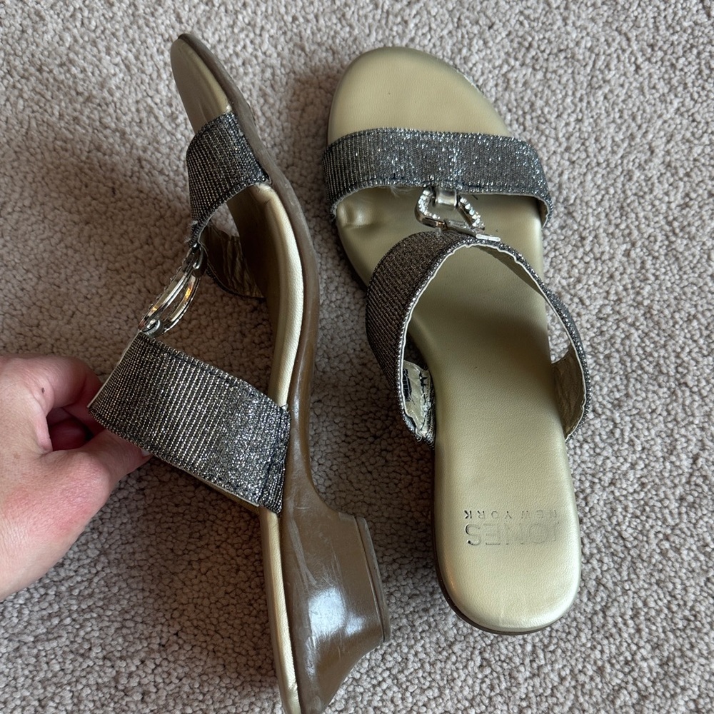 Jones New York Metallic Silver and Gunmetal Rhinestone Slide Sandals - Picture 4 of 5